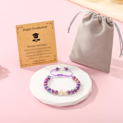 Image of Class of 2026 Graduation Gifts for Girls, Natural Cross Beads Charm Bracelet Middle High Kindergarten Preschool School Gifts Jewelry for Her