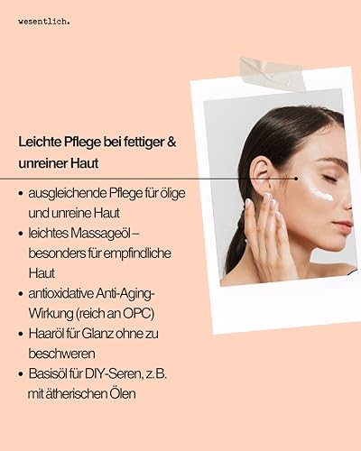 wesentlich. Traubenkernöl Bio 50ml mit Pipette | Kaltgepresst & Hautstraffend | Leichtes Öl für Gesichtspflege & Massage | 100% Natürlich