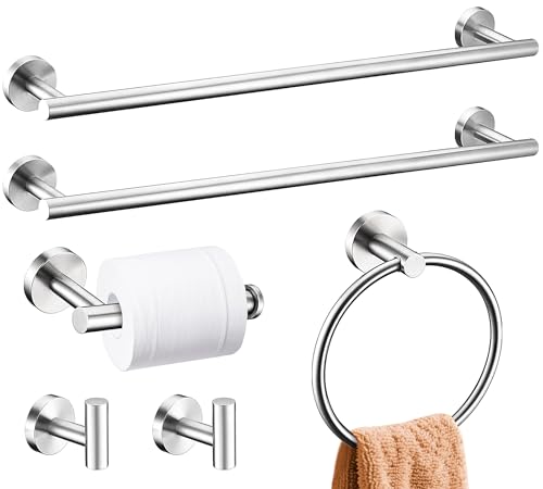 6 Pieces Brushed Nickel Bathroom Hardware Accessories Set, SUS304 Stainless Steel 24 Inch Bath Towel Bar Set, Round Bathroom Towel Holder Set, Towel Racks for Bathroom Wall Mounted