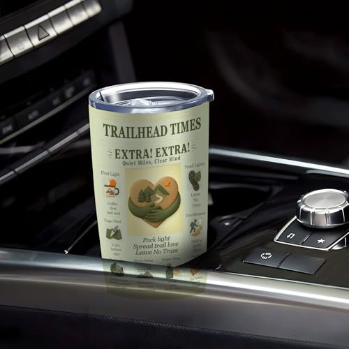 SNUGLYZEN Hiking Tumbler 20oz Stainless Steel Travel Mug – Mountain Hiker Art, Trail Poster Style, Camping & Outdoor Adventure Gift for Men & Women