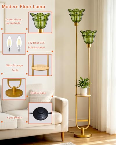 Image of Glass Floor Lamp with Shelf 2-Lights Gold Floor Lamp with Green Glass Shade, Mid Century Modern Standing Tall Lamps with Foot Switch for Living Room Bedroom Home Decor (Bulbs Included)