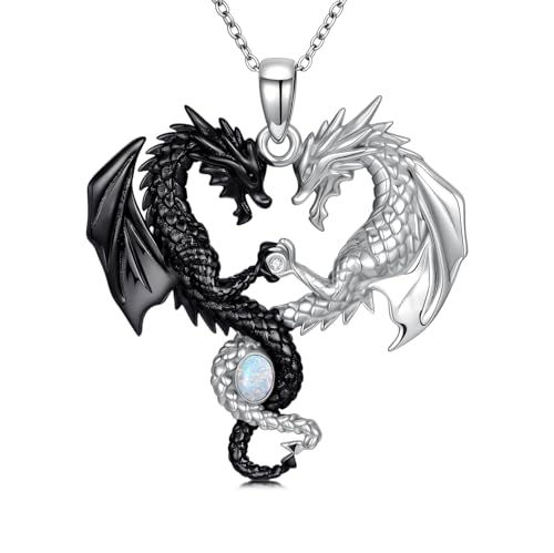 Dragon Necklace with Opal 925 Sterling Silver Two Dragon Pendant Necklace with Genuine Diamond Animal Jewelry Gift for Women Men