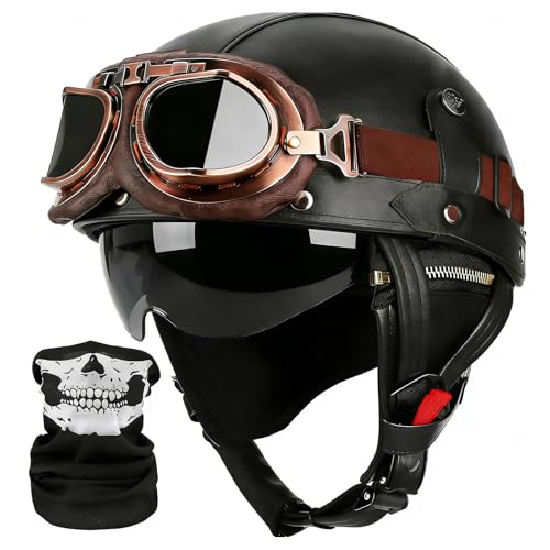 German Style Motorcycle Helmets, Retro Leather Half Helmet, DOT Approved Adult Men Women Vintage Half Face Helmet, with Goggles, for Moped Bike Cruiser Scooter Chopper (Black, L)