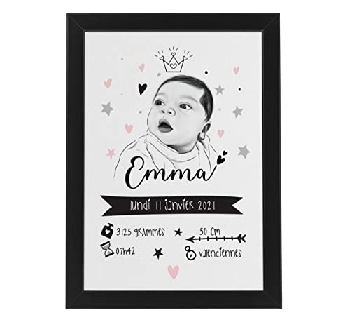 Cadeau original parents : tableau de naissance personnalisé avec portrait de bébé noir et blanc
