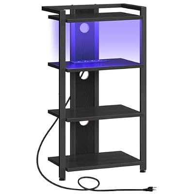 HOOBRO Game Console Shelf, 4-Tier Video Gaming Consoles Stand with Outlet & RGB Light, Audio Rack Tower for Turntable, Stereo Equipment, Wooden Entertainment Storage Stand, Black BB38UDCJ01