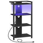 HOOBRO 4-Tier AV Media Stand with Charging Station and LED Light, Wooden Stereo Stand, Rack Audio Tower, Corner TV Stand, Entertainment Device, Black BB38UDCJ01