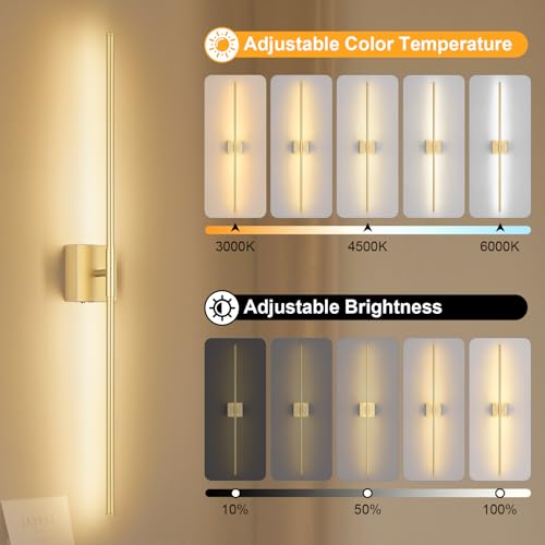 Image of Battery Operated Wall Sconce, 3000K-6000K Dimmable Gold Wall Lights with Remote Control, Timable LED Wireless Wall Sconces, 350 Ratate for Bathroom, Living Room, Hallway 39.4 Inch 1 Pack