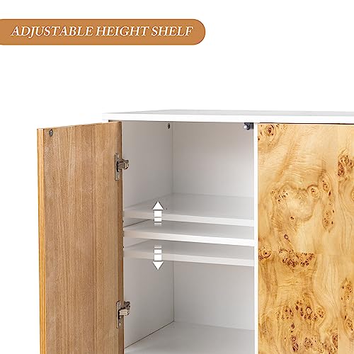 Hulala Home Credenza Sideboard Buffet Cabinet, Free Standing Accent Cabinet W/Natural Poplar Burl Finish, Kitchen Storage Cabinet, Cupboard Console Table For Dining Room, Living Room, White #TOP4