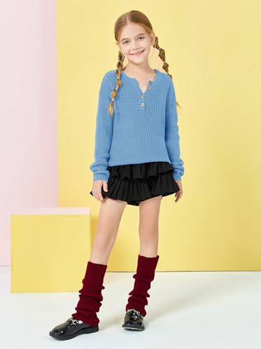Image of Girls Waffle Knit Sweaters Trendy Henley Button V Neck Long Sleeve Pullover Jumper Tops Blue