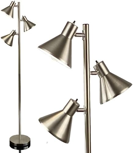 Tree Floor Lamp with 3 Adjustable Reading Room Lights - Pole Lamp Living Room Light Tree Style Standing Lamp with Adjustable Lights - Dorm Room Lamp - Standing Light - Pole Light - Head Lamp (Nickel)