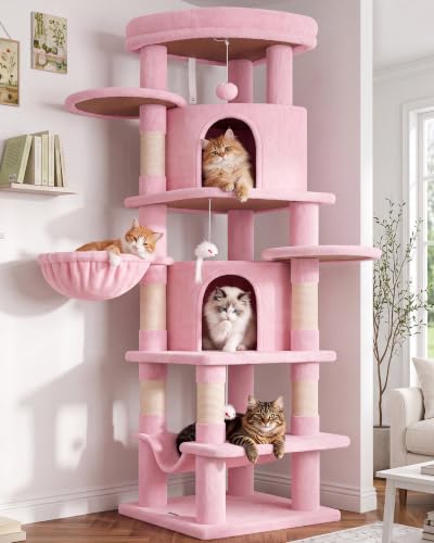 Image of Globlazer 66in Pink Corner Cat Tree Tower for Indoor Large Cats, C66, Pink | Space-Saving Stable Cute Cat Tower with 6 Scratching Posts, 2 Large Fan-shaped Condos & Top Perch, Hammock, Climbing Steps