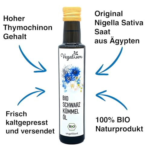 Bio Schwarzkümmelöl ungefiltert von Vegablum, Hoher Thymochinongehalt bis zu 1.600 mg, 1. Kaltpressung, 250ml, frisch, ägyptische Saat