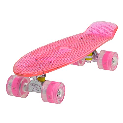 Land Surfer® Skateboard Cruiser Retro 56cm con Tabla Coloreada Transparente  cojinetes ABEC-7  Ruedas Que se iluminan 59mm PU + Bolsa para el Transporte - Tabla Rosa Transparente/Ruedas Rosas LED