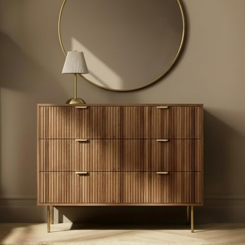OHS Ribbed Chest of Drawers Bedroom 6 Drawer Space Saving Storage Wooden Cabinet with Metal Handles Storage Drawers Dresser for Bedroom Living Room Office Medium Wood