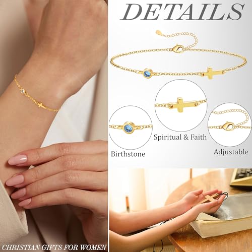 Cross Bracelet with Birthstone Dainty Gold Bracelets for Women Birthday Gift Christian Gifts for Her Religious Faith Baptism Confirmation Gifts for Teen Girls Christmas Jewelry for Sister Daughter Granddaughter Girlfriend