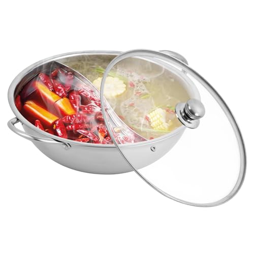 Hot Pot Topf Dualer Hotpot heißer Topf Edelstahl mit Glasdeckel und Unterteilungen, Doppelseitig, Chinesischer Feuertopf 28cm