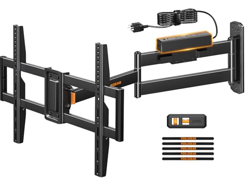 Image of Perlegear Long Arm TV Wall Mount Full Motion with Surge Protection Power Strip for 38-75 Inch TVs, Corner TV Mount with 31.5″ Long Extension, Swivel, Tilt, Max VESA 600x400mm, Holds up to 100 lbs