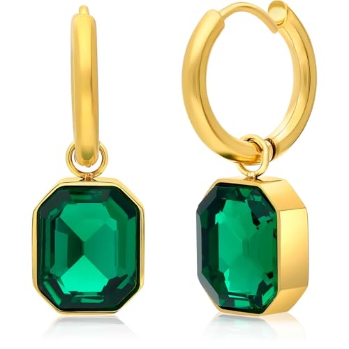 Image of El Regalo Stainless Steel Rectangular Cut Rhinestone Hoop Earrings - Elegant 18K Gold Plated Waterproof Vintage-Inspired Cubic Zirconia Huggie Hoops for Women