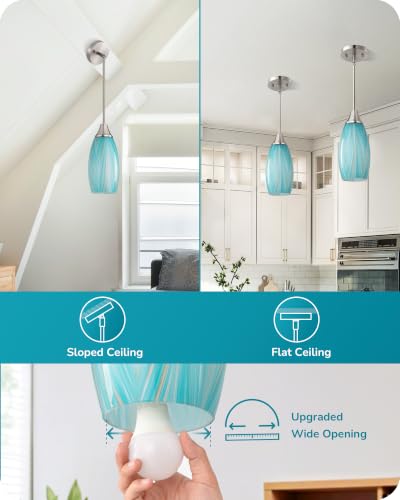 Image of EDISHINE Pendant Lights Kitchen Island, Blue Handcrafted Art Glass, Blown Glass Pendant with 5.12 inch Dia x 11.40 inch H Shade, Teal with Gold, Adjustable Brushed Nickel Rods, Hardwired Over Island Bar, E26