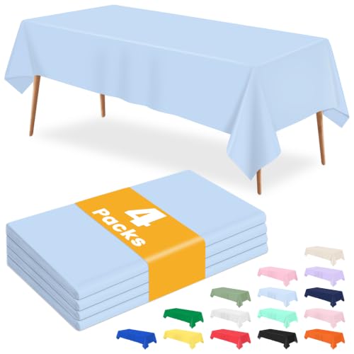 RuiYok 4 Pcs Light Blue Tablecloth 54 X 108 Inch Disposable Plastic Blue Tablecloths Waterproof Table Cloth Rectangular Table Cover for Boy Birthday Baby Shower Outdoor Picnic Party Decorations