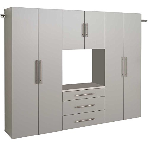 Image of Prepac HangUps 90 inch Wide 4-piece Wall Mounted Garage Cabinets, Wood Wall Storage Cabinets with 7 Adjustable Shelves, 2 Fixed Shelves and 3 Drawers, Garage Organizers with Metal Hanging Rail, Light Gray