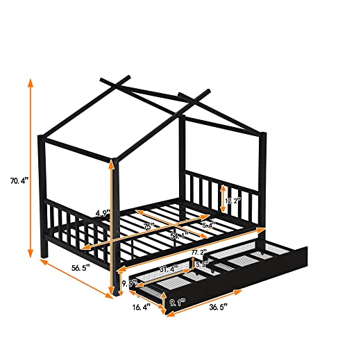 Citylight Full Size House Bed For Kids, Metal Full Platform Bed Frame With 2 Storage Drawers, Roof, Headboard And Footboard, Full Storage Canopy Bed For Kids, Girls & Boys, Black #TOP1