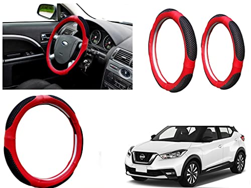 Image of Microfiber Car Steering Wheel Cover, Soft Padding Great Hand Feel, Anti-Slip, Faux Leather Steering Cover for Nissan Kicks 2019 | Black Red Jali - Pack of 1