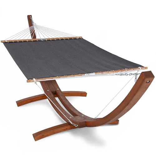 Image of SUNCREAT Quick Dry Hammocks Standing Backyard Hammock with Stand, 2 Person Heavy Duty Poolside Hammock with 13.5 ft Wooden Stand, Dark Gray