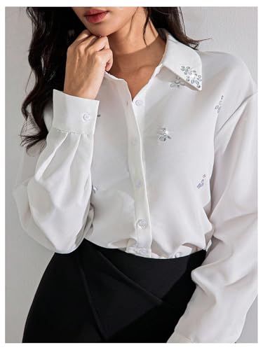 SweatyRocks Women's Long Sleeve Button Down Shirts Blouses Rhinestone Business Work Tops4