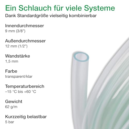 Wagner GREEN PVC Schlauch 9/12 mm glasklar transparent, Belüfterschlauch für Teiche und Aquarien (5 mtr.)