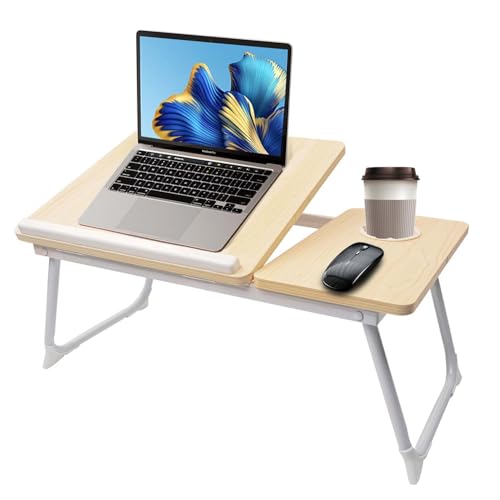 Laptop Desk,Laptop Bed Table,Foldable Computer Table with Cup Holder,Folding Breakfast Tray,Adjust Angle Portable Standing Desk Reading for Bed,Sofa,Floor,Good Furniture for Work at Home,White Maple