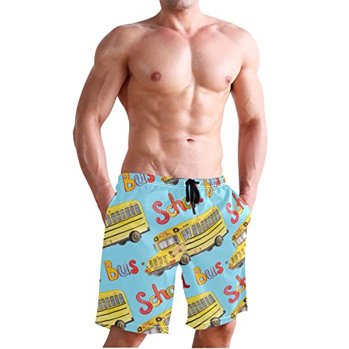Yellow School Bus Men's Boy's Novelty Beach Shorts Swim Trunks Summer Quick Dry Bathing Suits S4