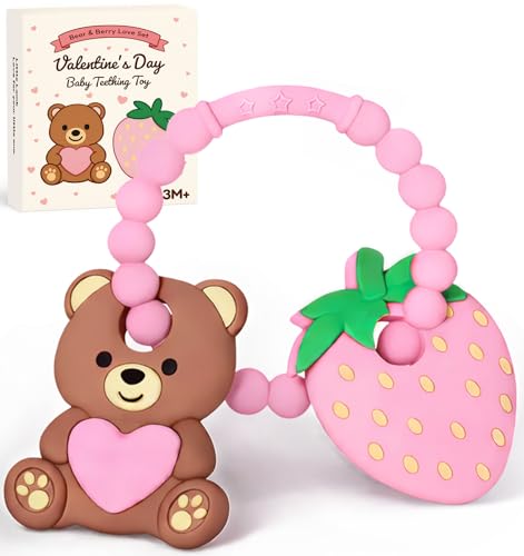 Valentine's Baby Teething Ring Toys – Heart Teddy Bear & Strawberry Silicone Teethers for Newborns, Infants & Toddlers – Sensory Chew Bracelet for Teething Relief – Perfect Baby Valentines Day Gift