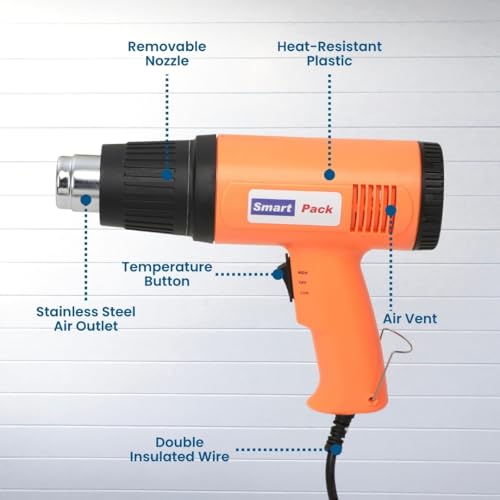 Image of SMART PACK Heat Gun for Shrink Wrapping, Drying Paint Coats, Remelting Adhesives, candle making | Dual Temperature Controller | High Speed Heat Shrink | Hot Air Gun and Bolts | Pack of 1
