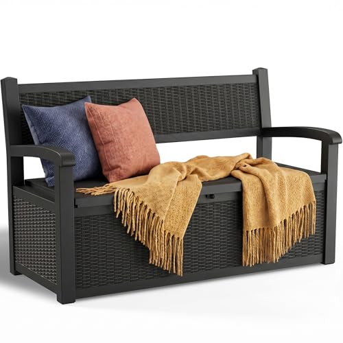 ATMELT Deck Box Storage Bench Outdoor 100 Gallon Waterproof & UV Resistant Lockable Patio Furniture Seating.Indoor/Outdoor Shoe Storage Cabinet for Garden Cushions Tools Patio Pool Supplies(Black)