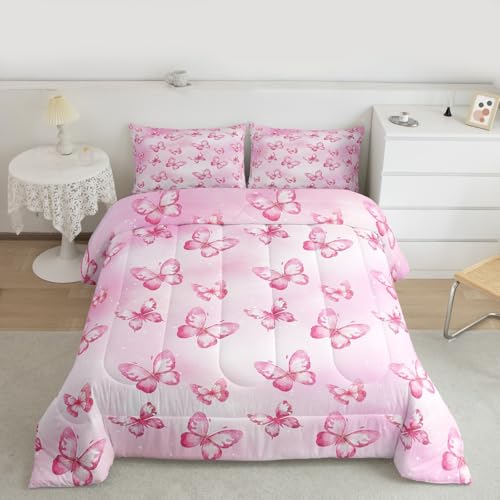 Image of Erosebridal Pink Butterfly Comforter Set for Kids Boys Girls 3D Pink Dreamy Butterfly Bedding Colorful Ink Stick Printing Duvet Set All Season Microfiber Comforter Queen with 2 Pillowcases