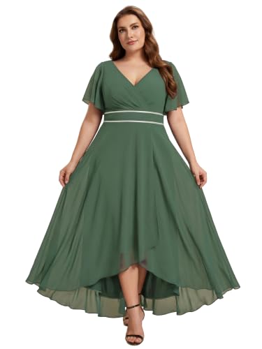 Image of Ever-Pretty Plus Women's Chiffon V-Neck Beading Ruffles Sleeves Maxi High Low Plus Size Formal Dresses