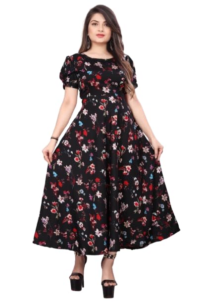 Zayn Enterprise Women’s Crepe Flared Gown | Stylish Round Neck Short Sleeve Casual Wear Gown-image-3