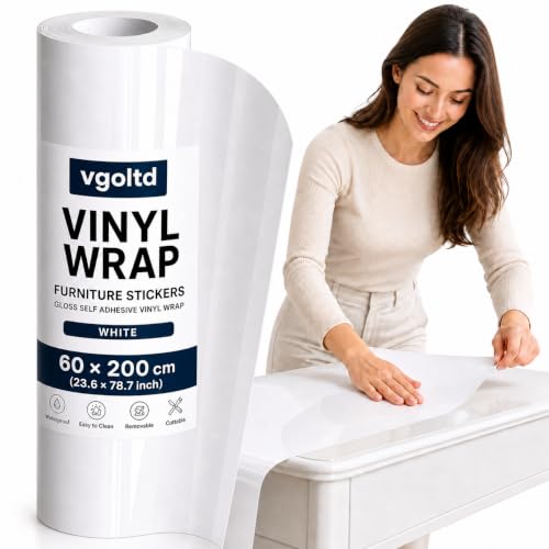 vgoltd Furniture Stickers Gloss Self Adhesive Vinyl Wrap Sticky Contact Paper Roll for Kitchen Countertop Cupboard Cabinets Wardrobe & Tabletops (White 60 x 200 cm)