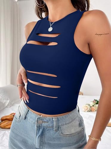 Image of LovelyWholesale Women Sexy Cut Out Crop Tank Tops Crew Neck Summer Sleeveless Top