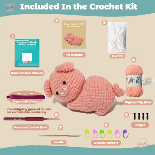 Image of JueRum Pig Crochet Kits for Adult,Amigurumi Advanced Crochet Animals Kit with Step-by-Step Video Tutorials, Learn to Crochet Pig Animals Knitting Kit for Adult Crochet Gifts