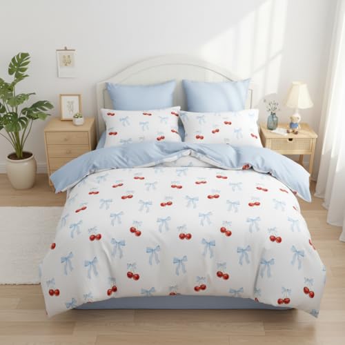 Covebett Blue Duvet Cover Single Red Cherry and Bows Pattern Kawaii Bedding Set Kids Girls Blue Bow Aesthetic Microfiber Comforter Quilt Cover 135x200 cm with Zipper Closure and 1 Pillowcase 50x75 cm