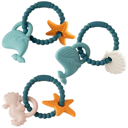 Image of Silicone Teether Toys for Babies - 2ooya 3Pcs Summer Ocean Beach Themed Teething Ring, Baby Sensory Chew Toys with Rattles for Newborn Boy and Girl to Soothe Sore Gums, Baby Shower Birthday Gifts
