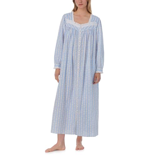 Lanz of Salzburg Women's Cotton Long Robe, Button Front, Long Sleeve, Soft & Lightweight Loungewear, Blue Tyrolean, X-Large