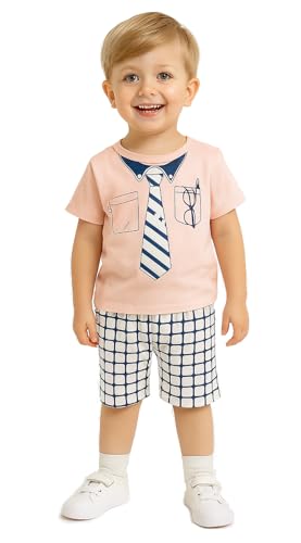 Image of Bold N Elegant Unisex Kid Cotton Solid Playful Happy Face Print Half Sleeve T-Shirt & Denim Shorts Summer Clothing Set