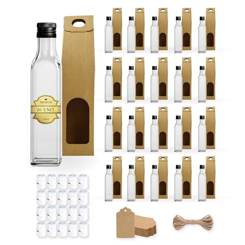 20 piccole bottiglie di vetro da 100 ml con tappo a vite nero. Contiene 20 scatole, 20 sigilli di sicurezza, 20 etichette in carta kraft e cordino per una presentazione ordinata. Ideale per oli, aceto, bevande alcoliche, salse e campioni.