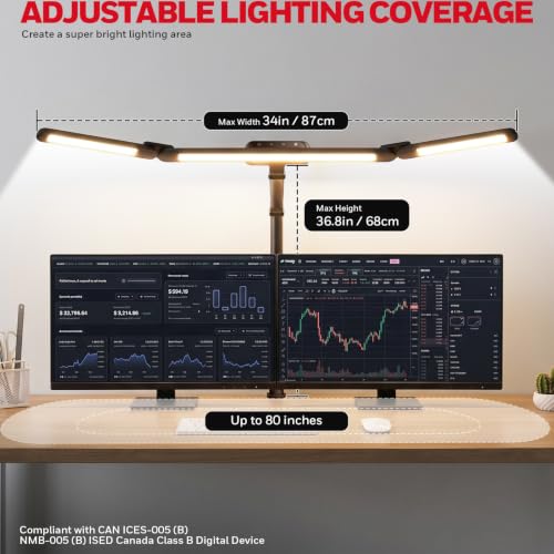 Image of Honeywell Wide Desk Lamp with Clamp for Dual Monitors, 22W Full-Spectrum Eye-Caring LED Desk Lamp for Home Office, 3-Section Adjustable Architect Light for Large Desk, Stepless Dimming, 3000K-5700K