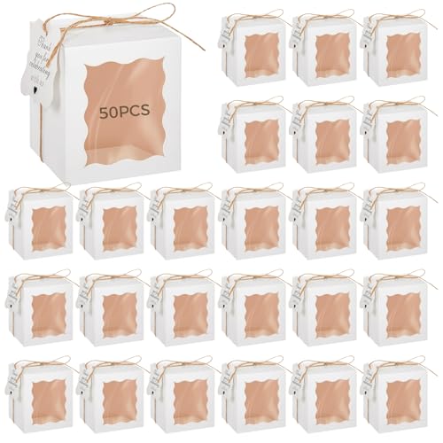 Varku 50 Pcs Clear Gift Boxes for Candles White Square Packaging with Thank You Tags 10oz Candle Box Packaging with Twine for Favors Weddings and Birthdays