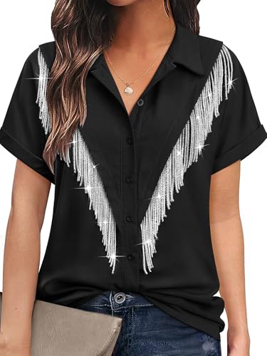 MYMORE Womens 2025 Western Inspired Cowgirl Rhinestone Fringe Shirt Top Sparkly Dolly Short Sleeve Parton Button Down Shirt Blouse Tassel Nashville Cowboy Rodeo Country Concert Outfit Costume Black XL