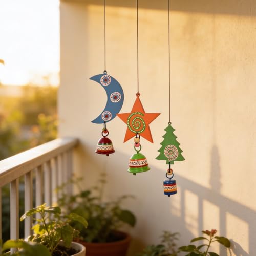 Image of Aakriti Art Creations Festive Trio Wind Chime Set Moon, Star & Tree | Handmade Modern Art Wooden & Metal Wind Chimes | Decorative Indoor & Outdoor Hanging for Balcony, Garden, Living Room & Gifting